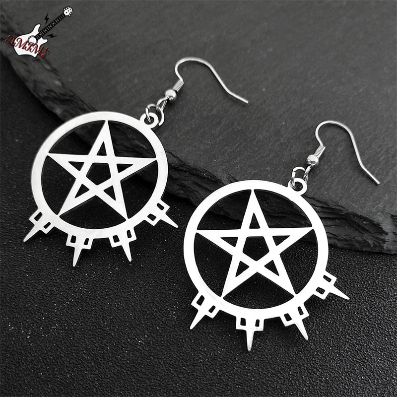 Deadly Enemy Metal Music Band Inverted Pentagram Hoop Earring | Stainless Steel Black Color Women's Jewelry