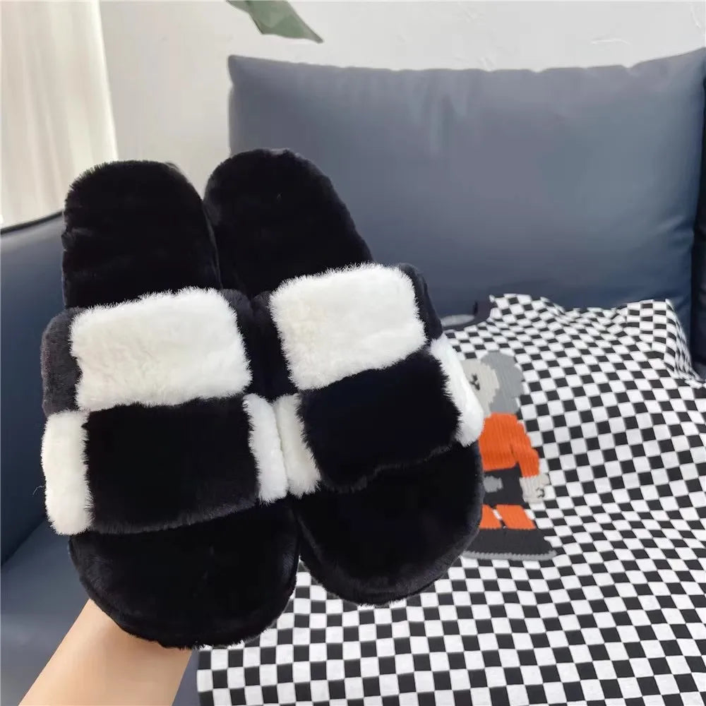 Women's Plush Slippers Sandals - Customized High Thick Heels, Summer Dress Pumps (Sizes 31-48) in Black and White Checkerboard