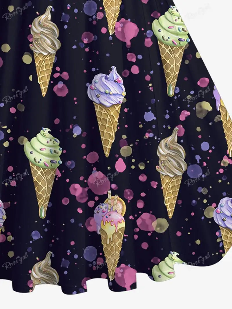 Plus Size 1950s Vintage A-Line Dress - Ice Cream Painting Splatter Printed