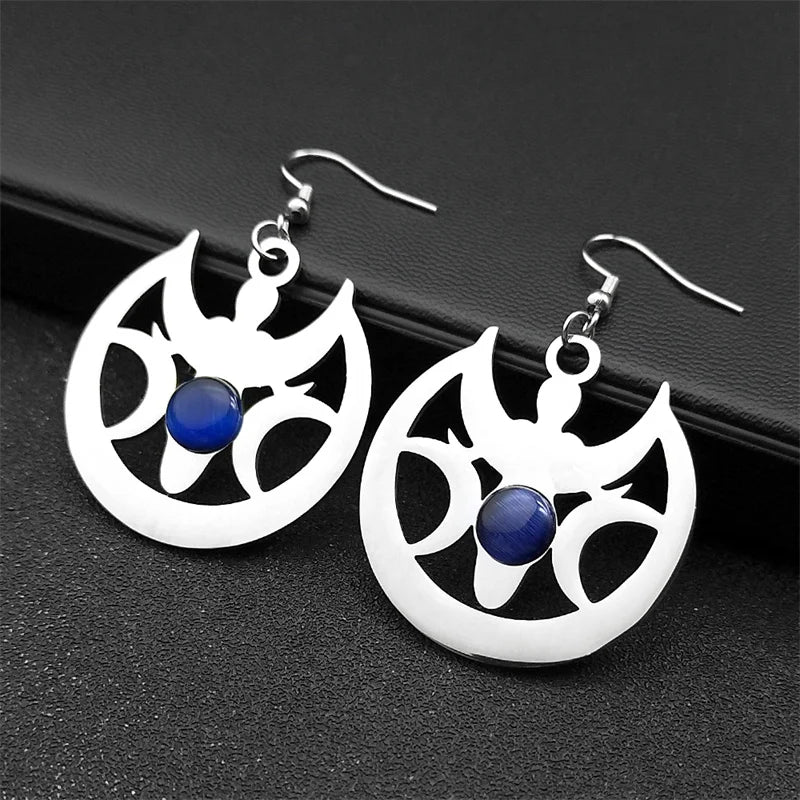 Witchcraft Triple Moon Opal Stone Hoop Earrings – Stainless Steel Triple Goddess Silver Color Drop Earrings for Women