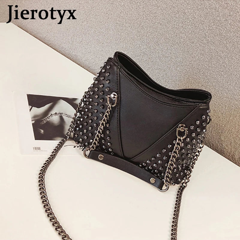 JIEROTYX Studded Shoulder Bag for Women Leather Punk Style Rock Rivet Crossbody Bag Handbag with Chain Wallet Purse for Girls