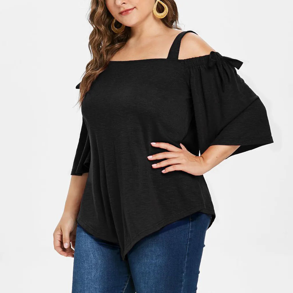 Versatile Plus Size Asymmetric Cold Shoulder Top - Bow Blouse for Fashionable Women