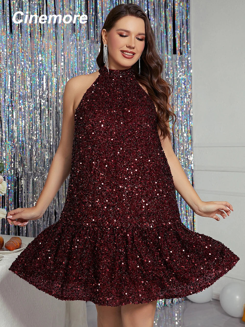 Cinemore Plus Size Summer Dresses Women Clothes 2023 Sleeveless Halter A Line Dress Ruffle Hem Party Night Female Sequin Dress