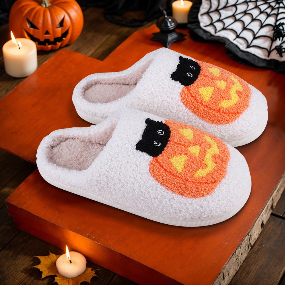 2024 Funny Halloween Pumpkin Cat Cotton Fluffy Slippers – Plush Platform Slides for Couples, Indoor/Outdoor Bedroom Shoes for Women