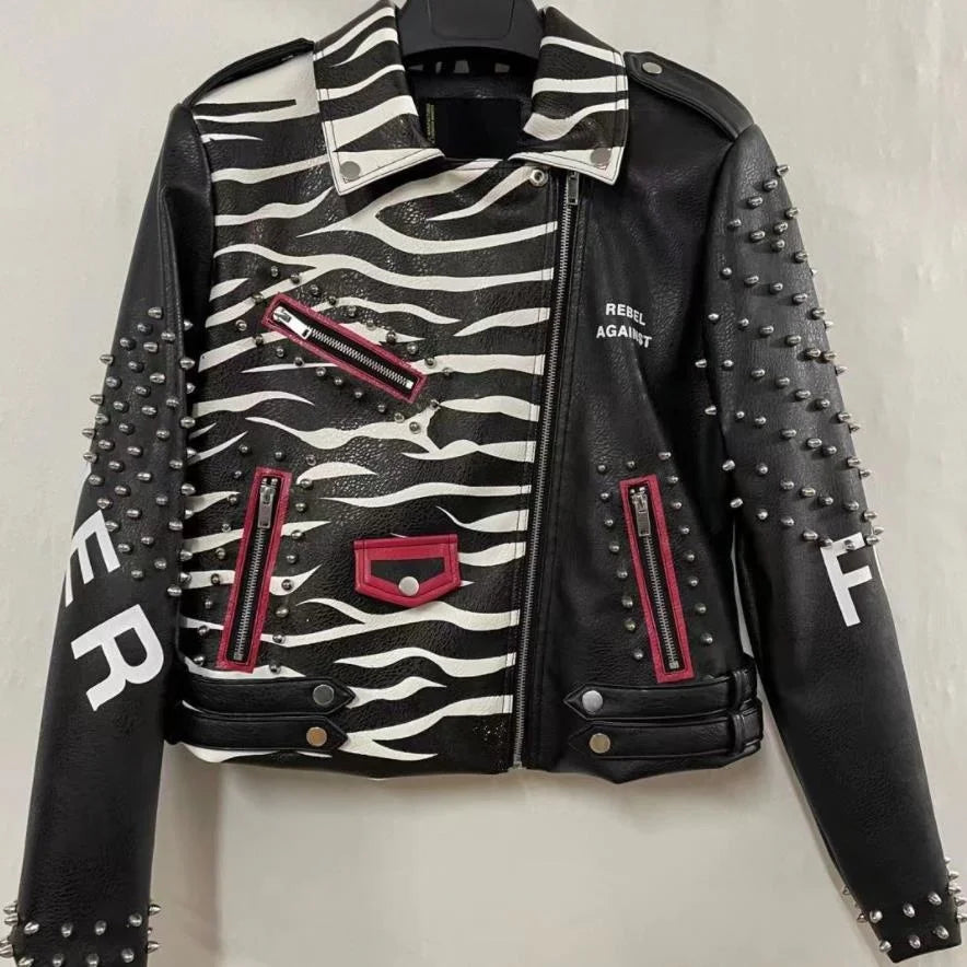 Long Spring Autumn Street Fashion Jacket – Rivet PU Faux Leather with Graffiti Print, Punk Style Motorcycle Coat for Women