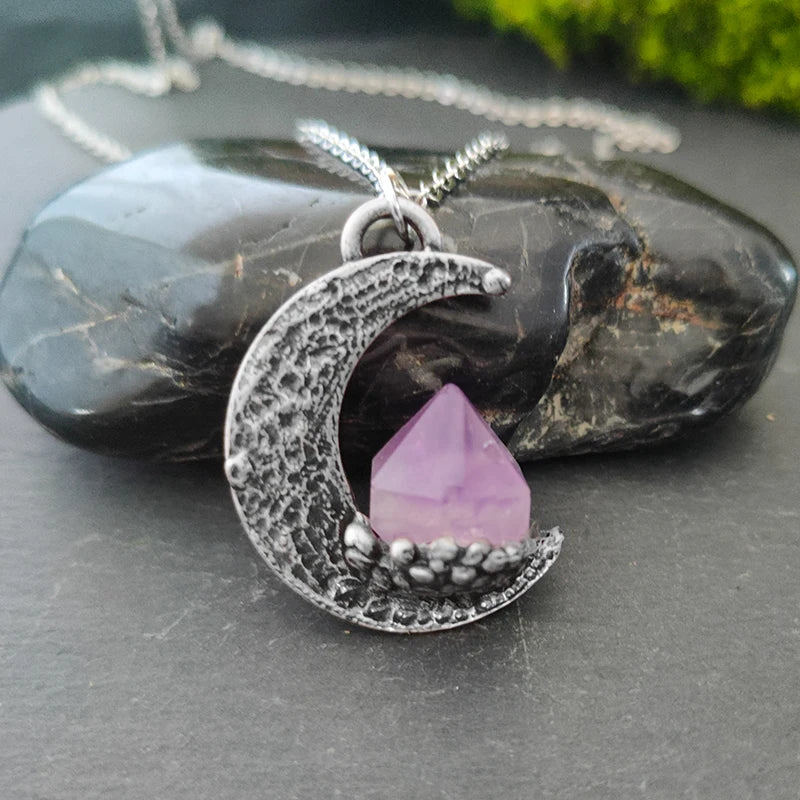 Pagan Crescent Moon Necklace with Natural Amethyst Pendant – Woodland Wicca Gift