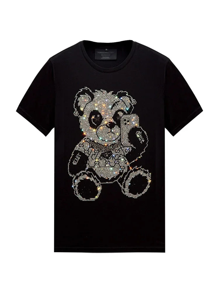 2024 Bear Rhinestone Cartoon T-Shirts - Men's High Quality Short Sleeve Fashion Streetwear, Casual Crew Neck Slim T-Shirt