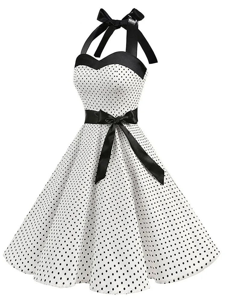 Women's Polka Dot Print Summer Dress - Sexy Retro White Halter Vintage Chic, Pin-Up Rockabilly Party Dress