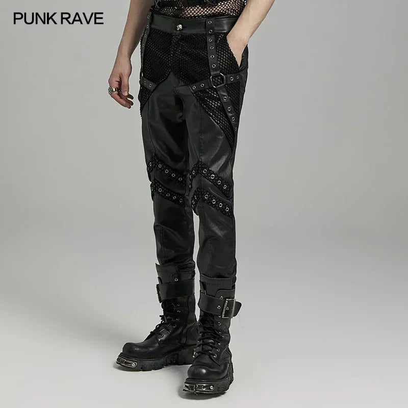 PUNK RAVE Men's Punk Style Handsome Twill Woven Fabric & Mesh Pants Personalized Small Leg Trousers Streetwear Men Clothing