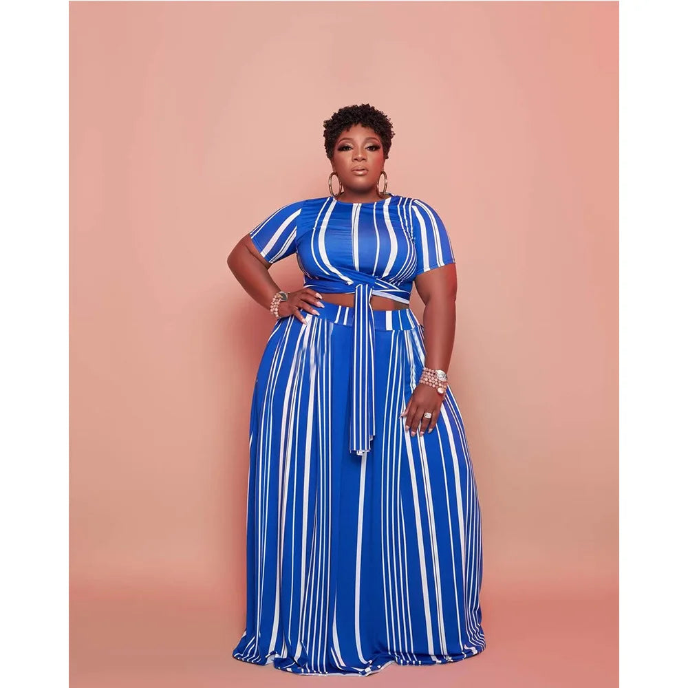 Sexy Women’s Clothing Round Collar Striped Printed Two Piece Set - Lace-Up Plus Size Long Skirt Set