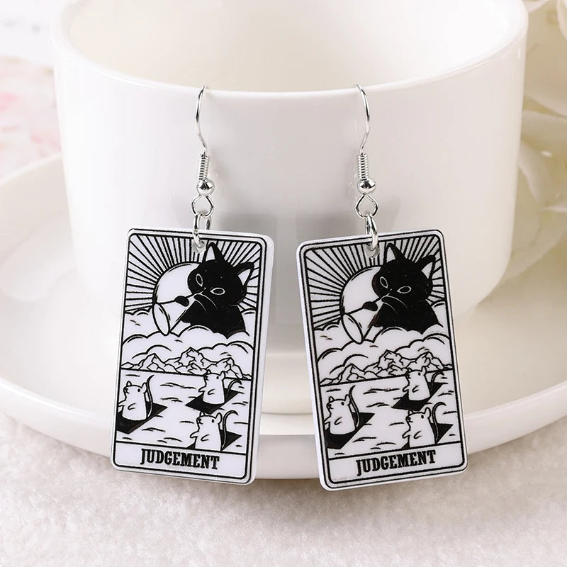 1 Pair Drop Earrings - Black & White Cat Tarot Deck Card with Sun, Moon, Star, and The Lovers Divination Crafts Fashion Jewelry Gift