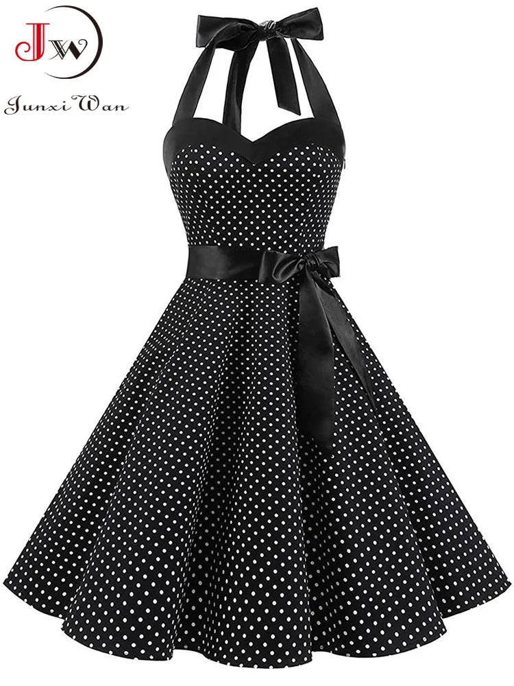 Women's Polka Dot Print Summer Dress - Sexy Retro White Halter Vintage Chic, Pin-Up Rockabilly Party Dress