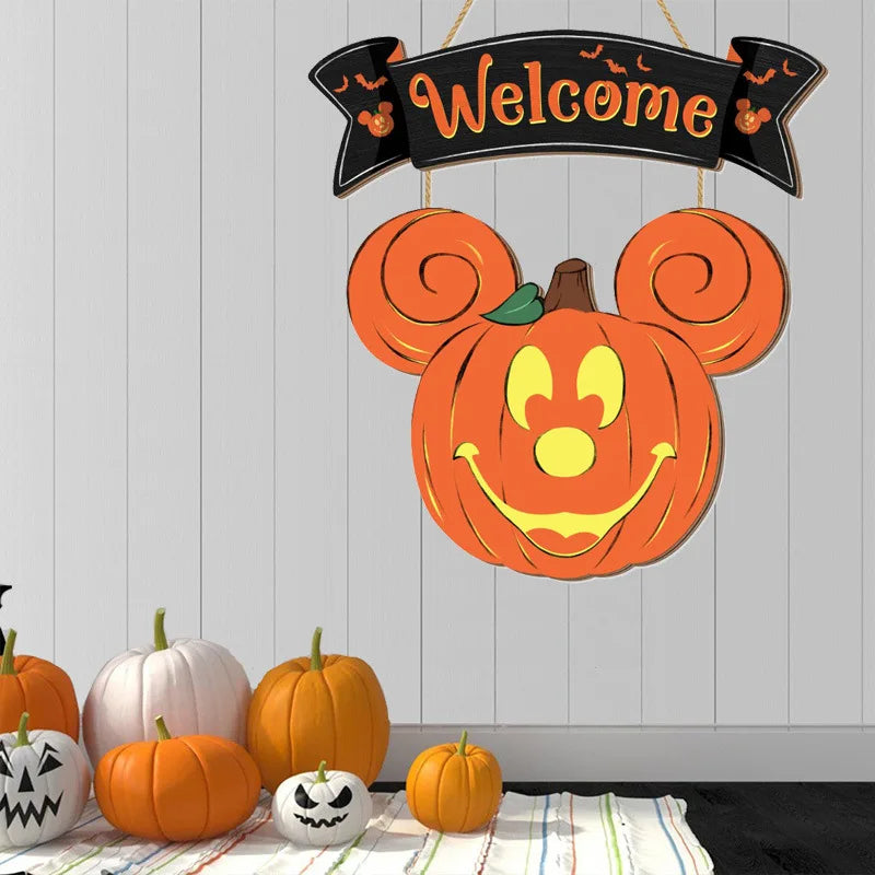 Wooden Halloween Mouse Head Pumpkin Decoration Welcome House Sign Home Window Wall Wooden Door Decoration