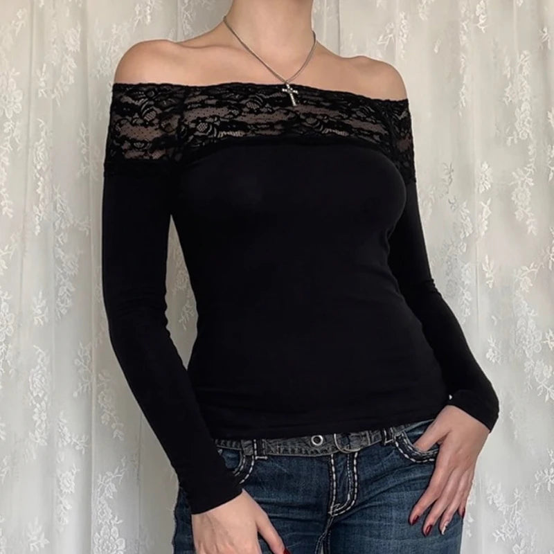 CIBBAR Black Lace Stitched Slash Neck Crop Top - Elegant Sexy Long Sleeve T-Shirt for Women, Perfect Autumn Basic