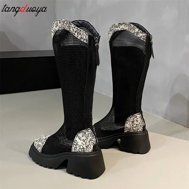 2024 Summer Women’s Thick-Heeled Chelsea Platform Combat Boots - Black Calf High Boots with Mesh and Rhinestones