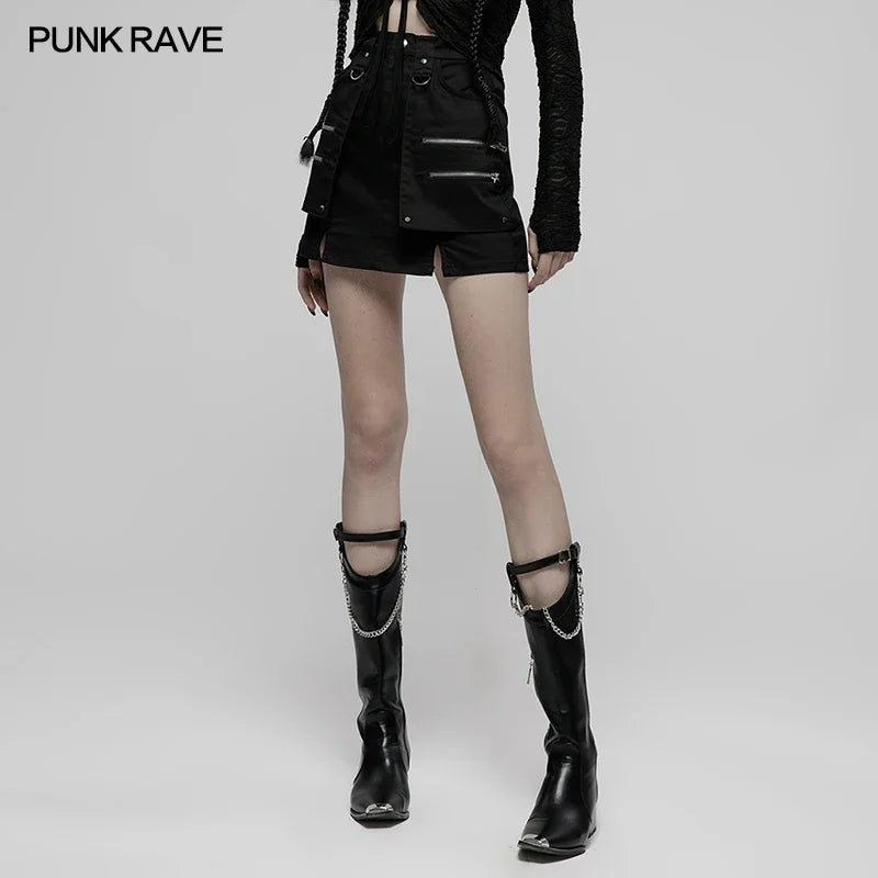 PUNK RAVE Women's Punk Mini Skirt - Black Gothic Half Skirt with Metal Rivets, Heavy Industrial Style for Daily Casual Fashion