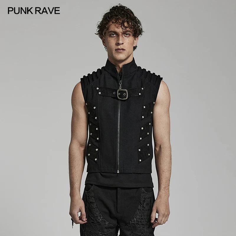 PUNK RAVE Men's Doomsday Punk Rivets Decoration Vest Daily Handsome Cool Personality Casual Tops Black Spring/summer