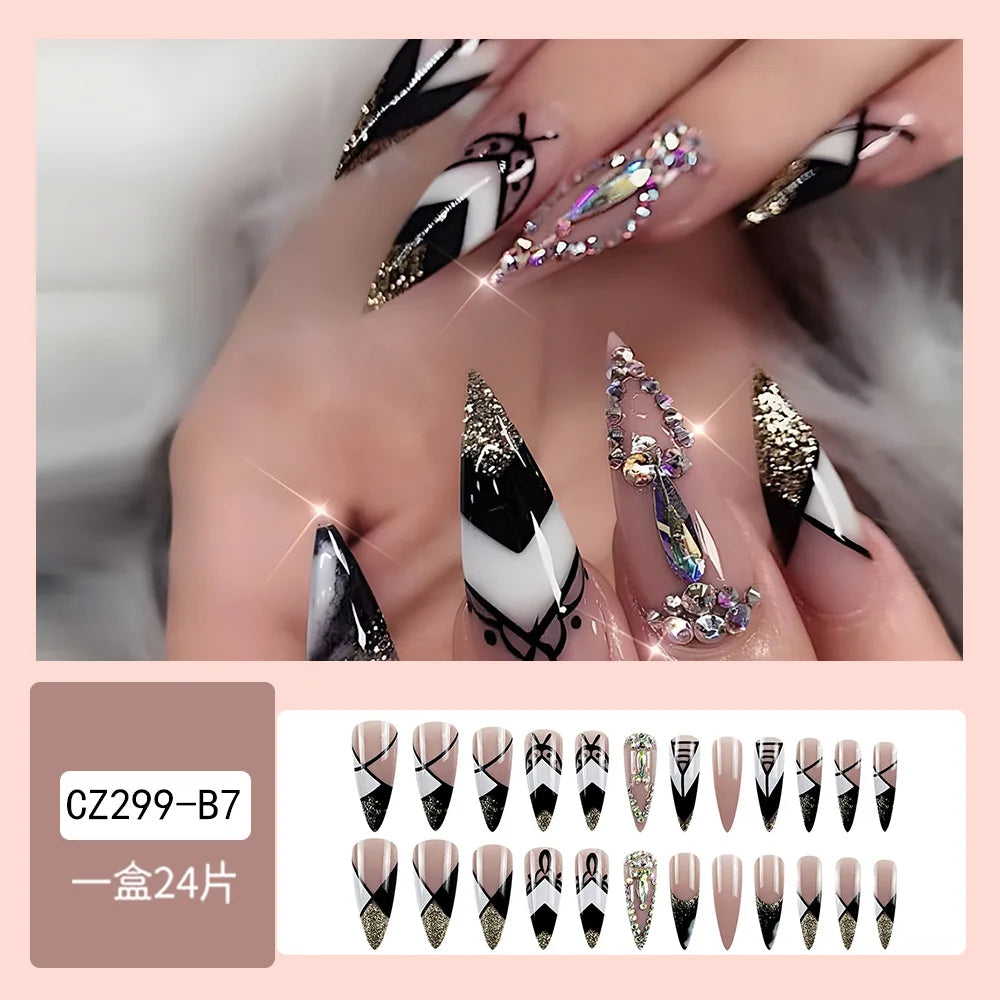 2024 French Black & White Press-On Nails - Crystal Design, European Style Artificial Nails for Women