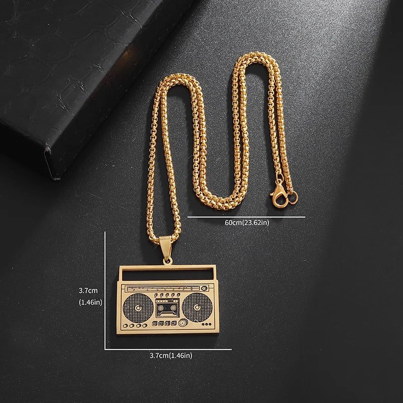 Stainless Steel Radio Pendant Retro Fashion Player Recorder Necklace Men's Personality Hip Hop Rock Street Party Jewelry