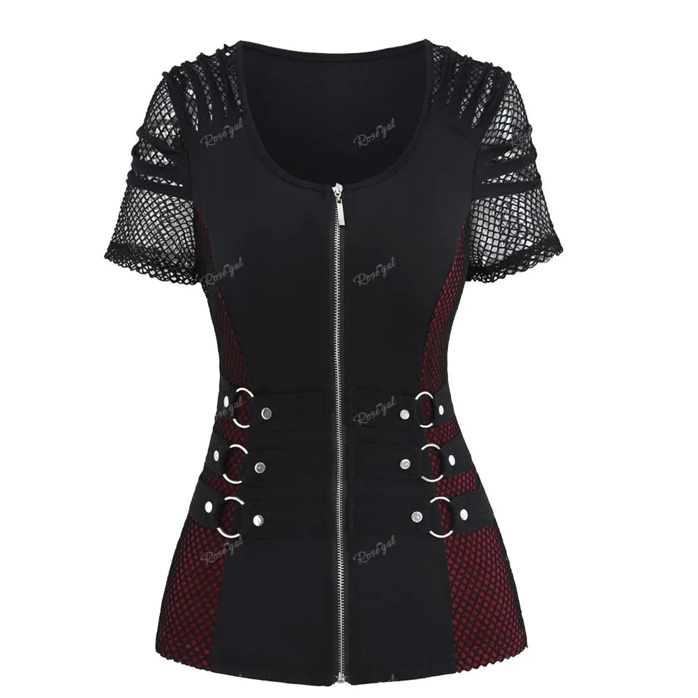 ROSEGAL Plus Size Gothic T-Shirt - Fishnet Panel O-Ring Zipper Top with Ripped Sleeves, Patchwork Design for Spring/Summer