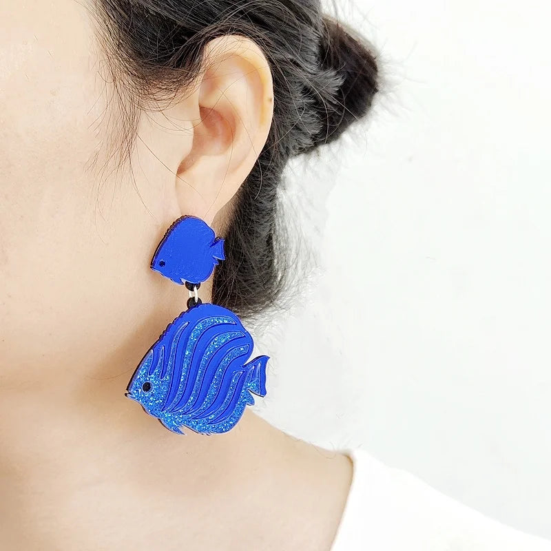 Striped Tropical Fish Summer Mirror Earrings for Women - Acrylic Glitter Blue Hot Pink Cute Jewelry Fashion Accessories by KUGUYS