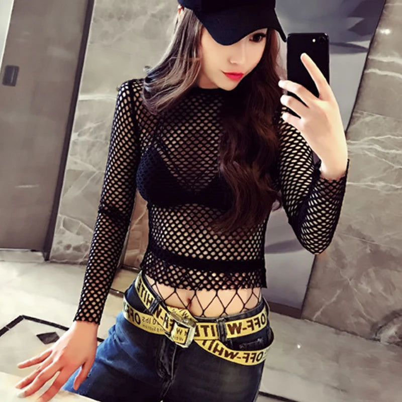 Sexy Mesh Top Gothic Clothes for Women - Black Elastic Fishnet T-Shirt, See-Through Long Sleeve Turtleneck Clubwear Outfit