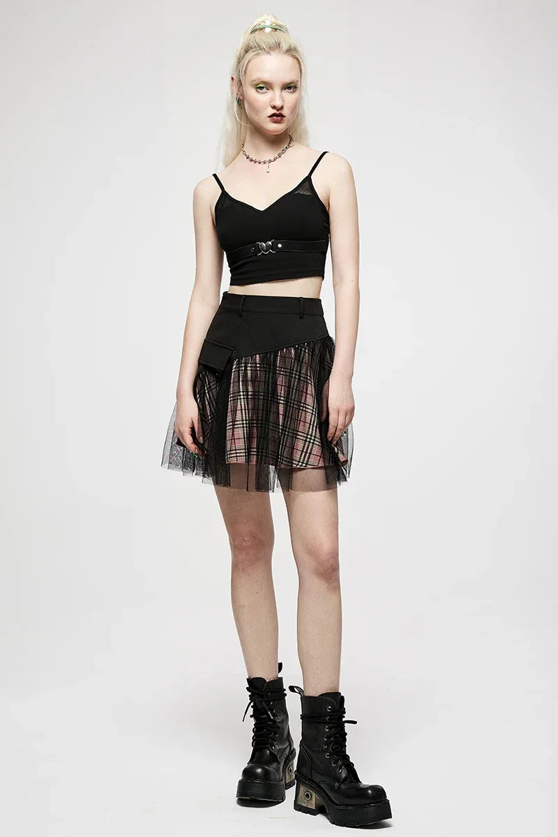 PUNK RAVE Women's Mesh Panel Plaid High-Waist Short Skirt - College Style A-Line Mini Skirt for Spring/Summer