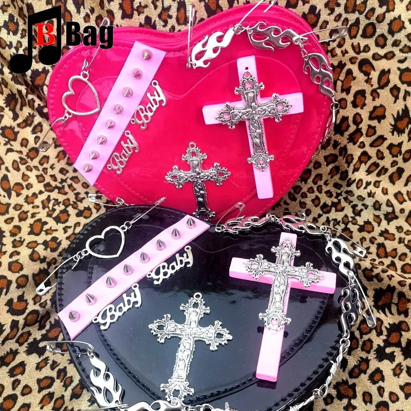 Harajuku Y2K Goth Punk Style Heart Shaped Expressive Metal Embellishment Crossbody Shoulder Handbag