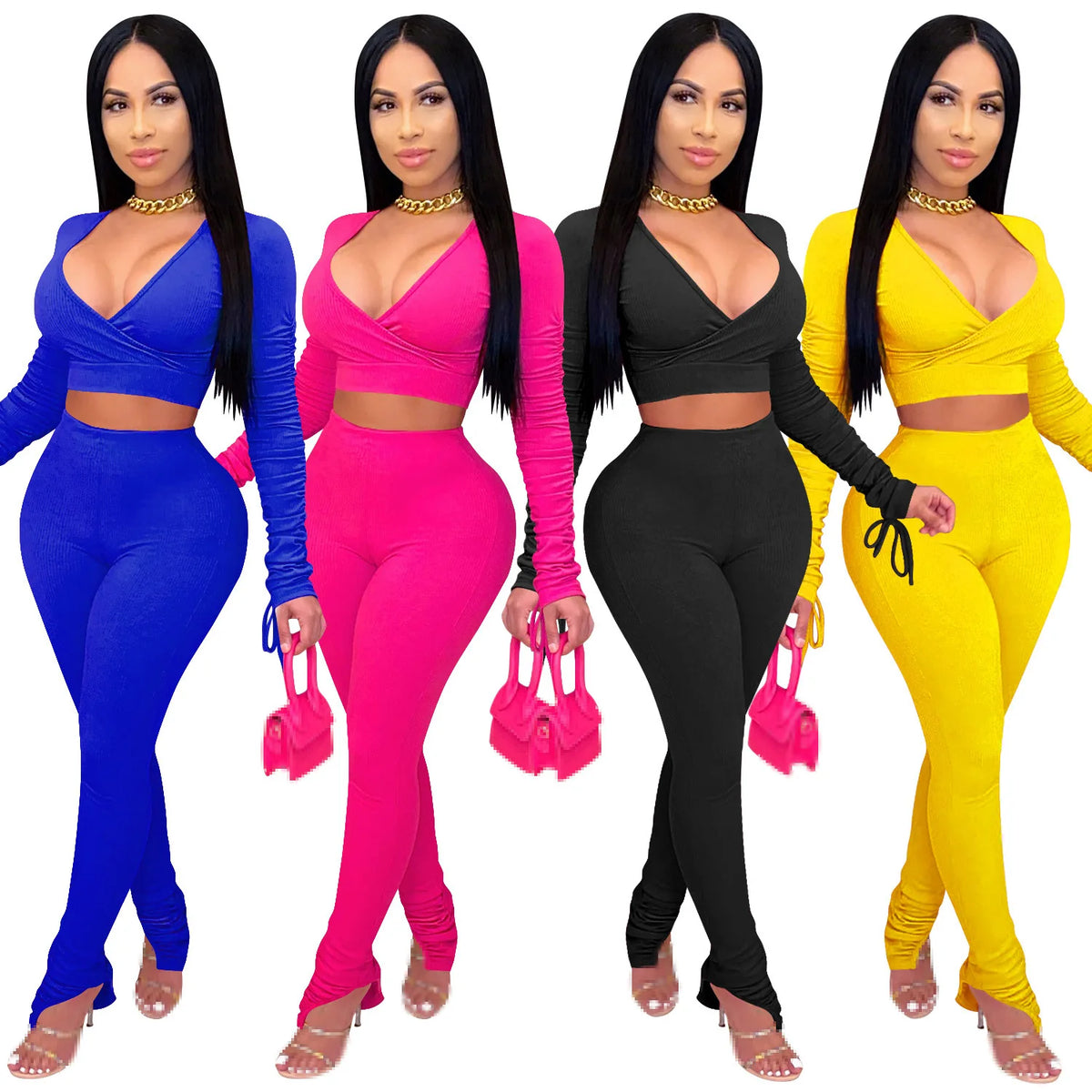 2 Piece Set – Women's Long Sleeve V-Neck Crop Top and Leggings, Fall Fashion Outfit for Women