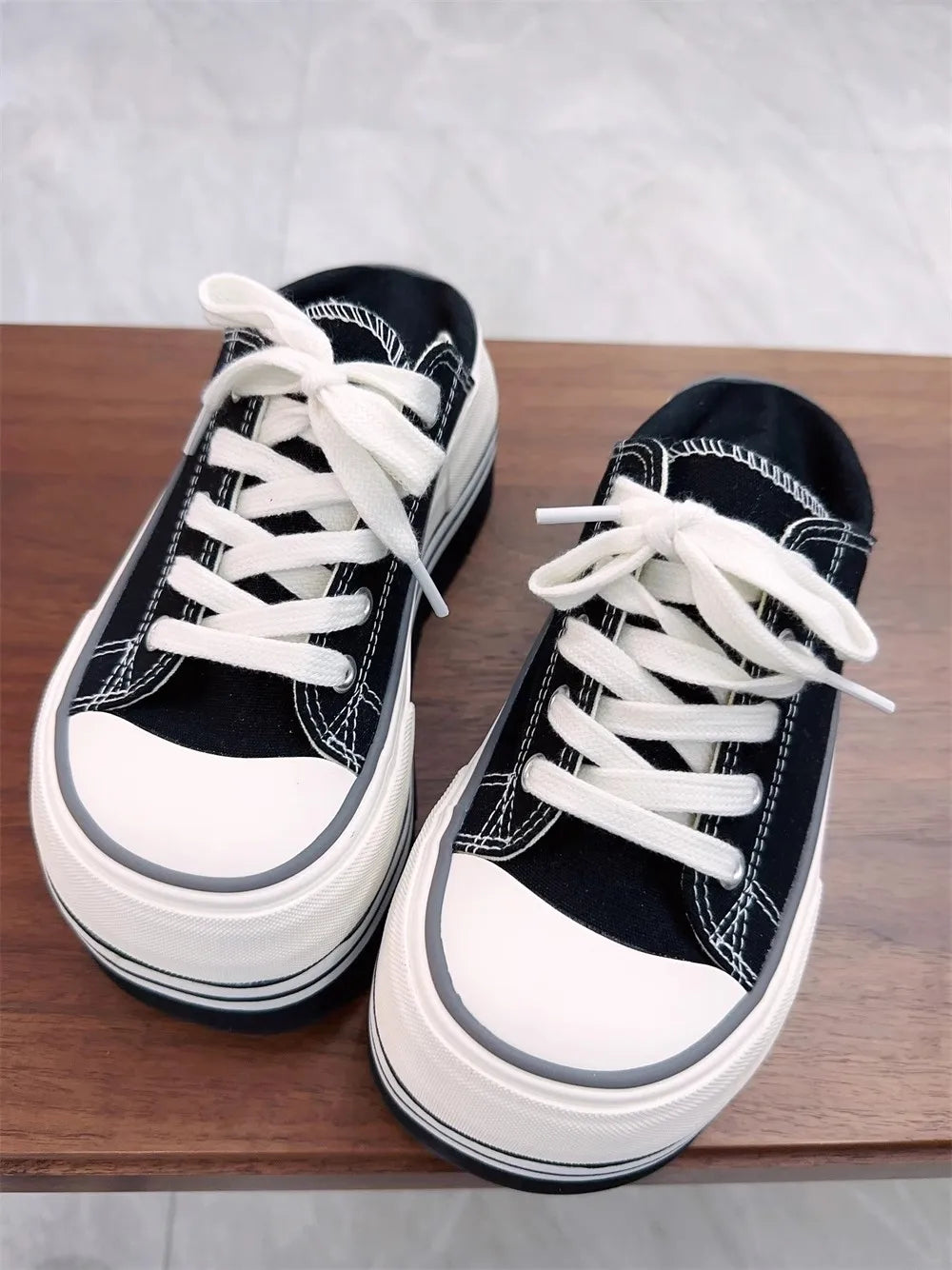 New Women's Casual Black Canvas Shoes - High Platform Lace-Up Slides with 8cm Heel