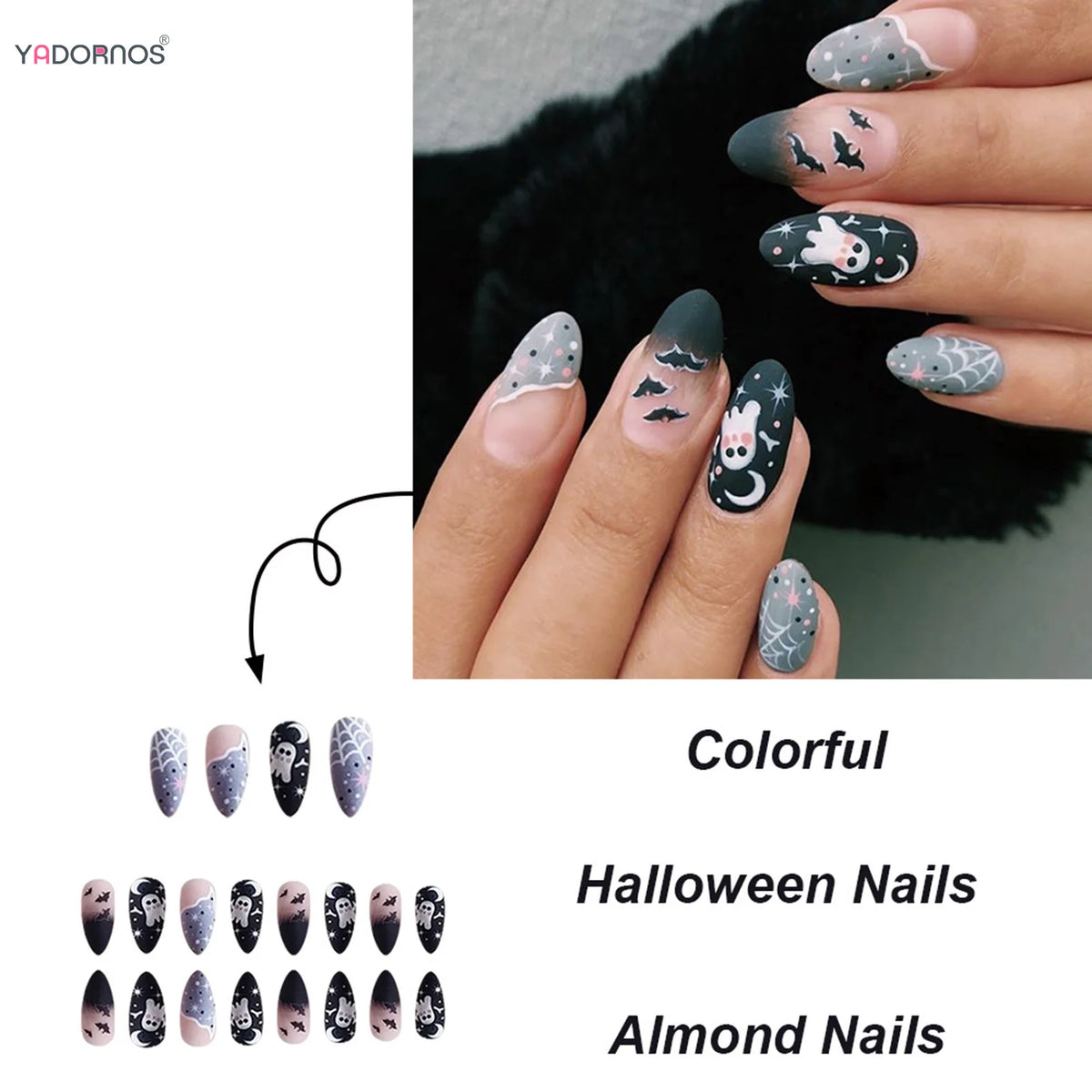 24Pcs Halloween Almond Fake Nails – Gradient Black Press-On Nails with Bat, Spider Web, Ghost, and Star Designs