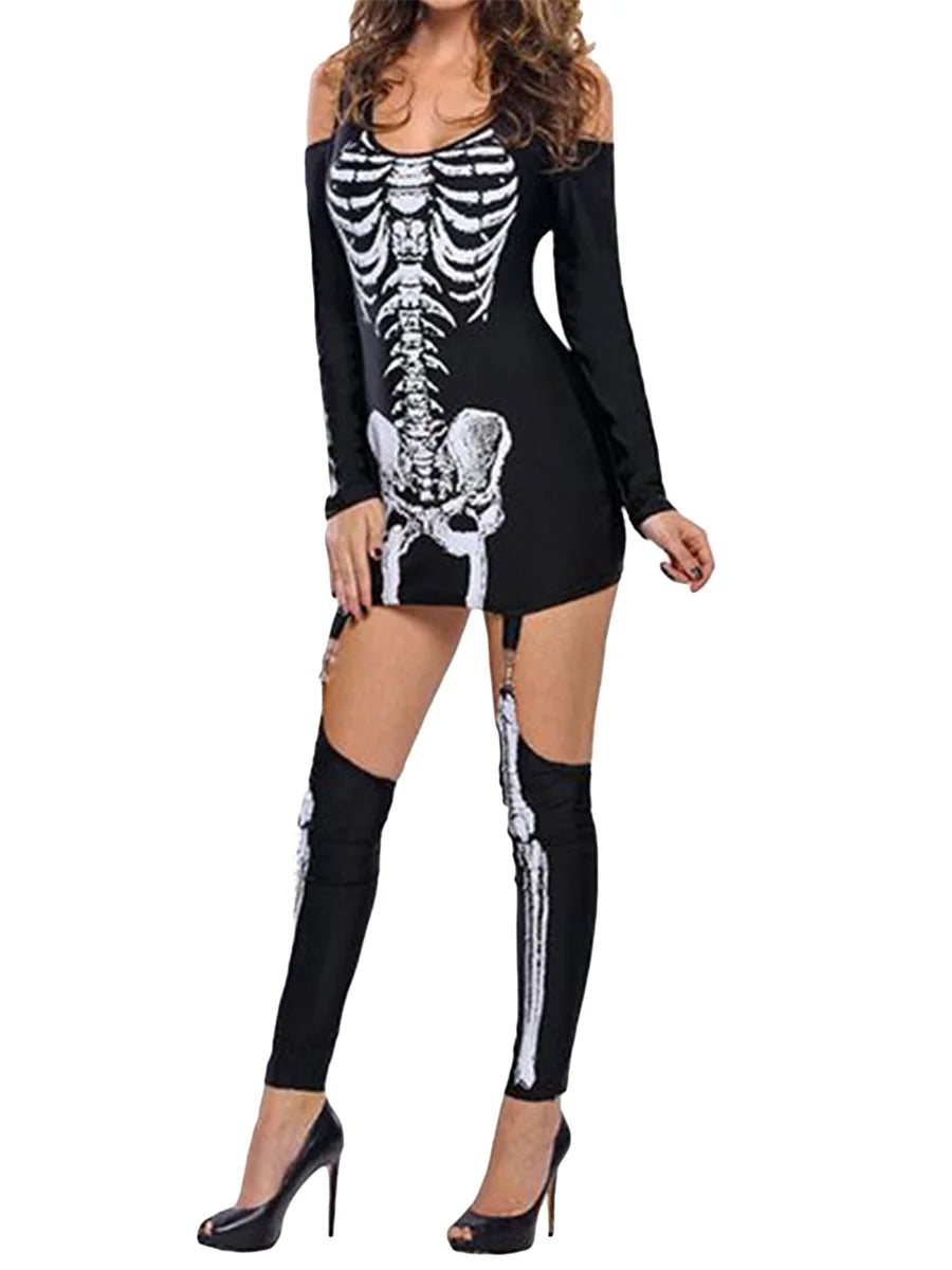 Women Halloween Sexy Ladies Costume Cold Shoulder Long Sleeve Scoop Neck Skeleton Printed Bodycon Mini Dress Sets with Stockings