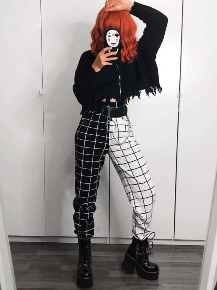 Women’s Contrast Cargo Pants – High-Waist Plaid Joggers with Elastic Waistband, Loose Fit Sporty Trousers for Summer