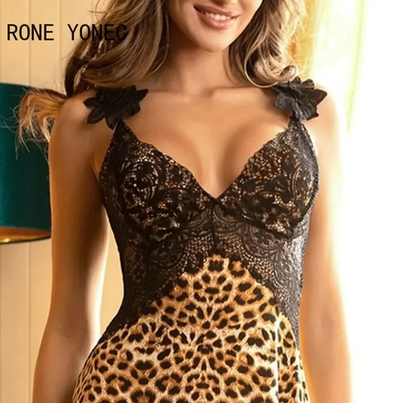 Women Sexy Leopard Pattern Spaghetti Strap Lace Patchwork Backless Mini Dress