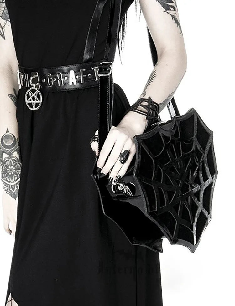 PU Leather Women’s Shoulder Bag - Dark Fashion Spider Web Slant Straddle Handbag, Punk Style Halloween Creative Bag