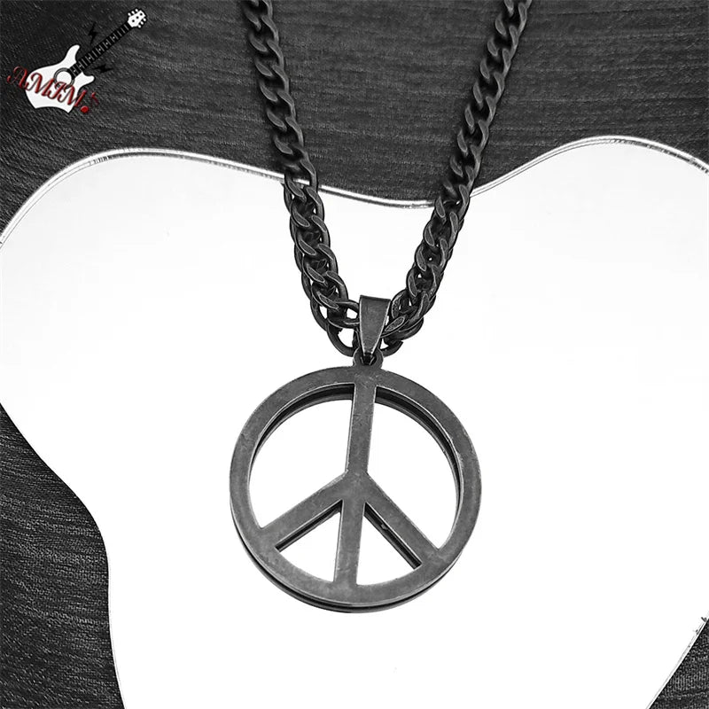 Goth Punk Peace Sign Symbol Pendant Necklace – Stainless Steel, Black Color, Hippie Charm for Women and Men, Party Choker Jewelry