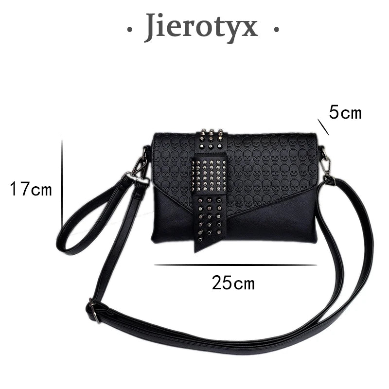 JIEROTYX Vintage Skull Print Women's Handbag - Black Leather Punk Flap Shoulder Bag with Rivet Buckle Details