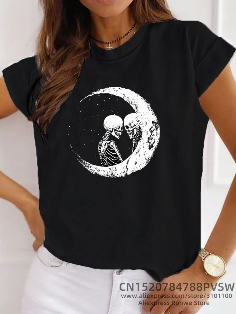 Love In a Crescent Moon Round Neck Short Sleeved Graphic Print Tee Shirt