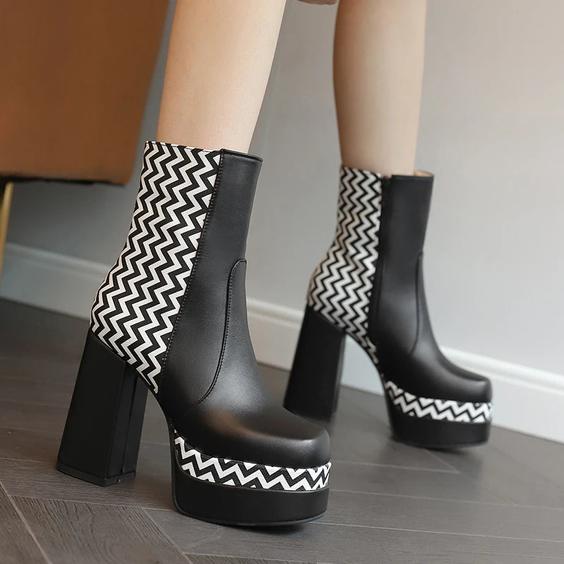 Printed Stripe Color-Matching Short Boots – Korean Style Platform Boots with Super High Thick Heels for Women