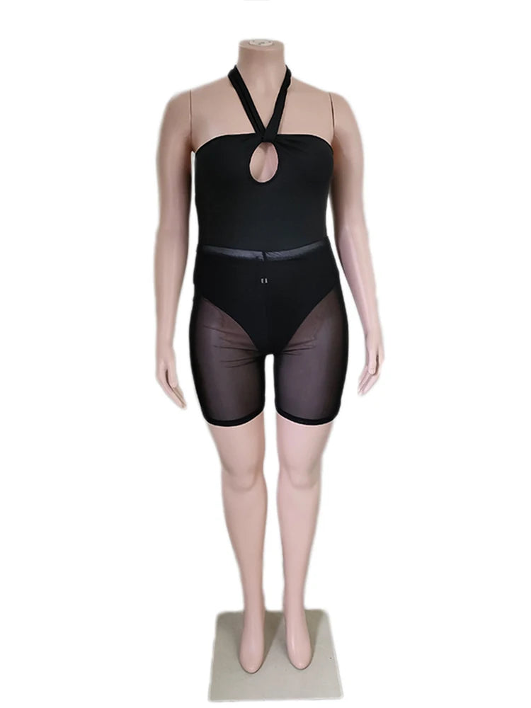Summer Lingerie Sets for Women – Halter Bodysuit and Shorts, Transparent Plus Size Two-Piece Set