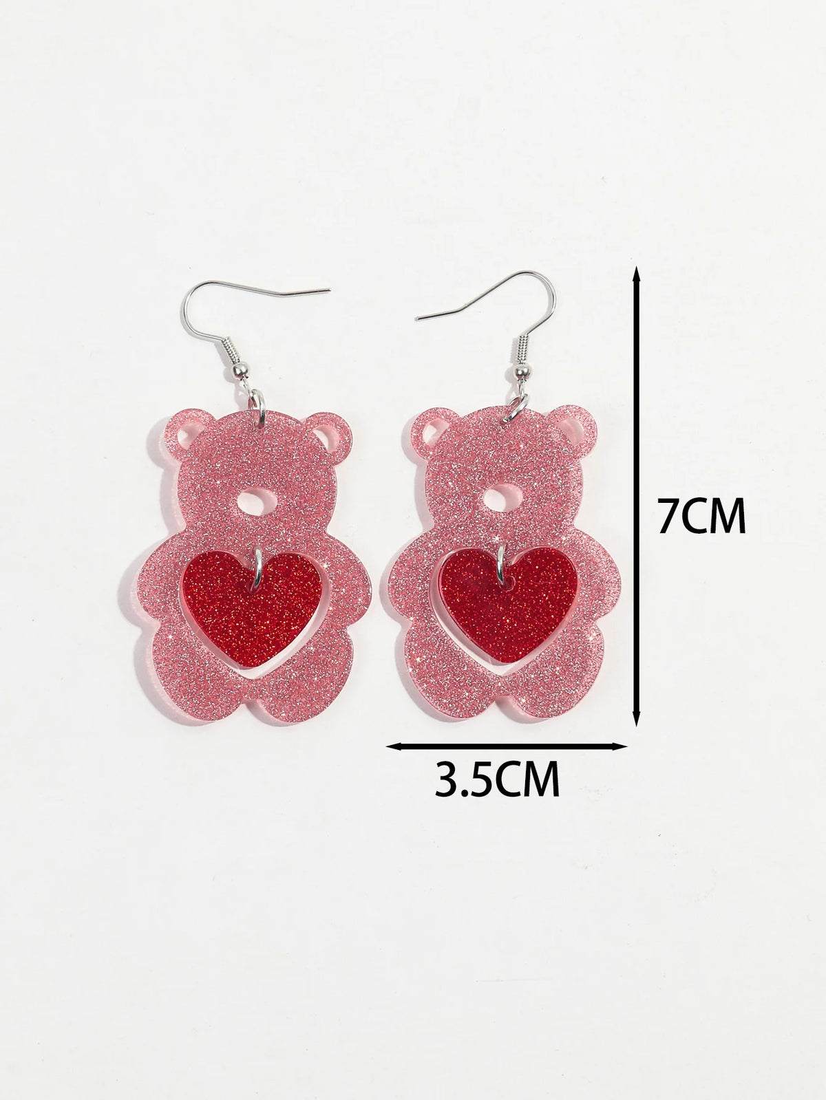 Valentine's Day Pink Acrylic Bear Heart Drop Earrings - Cute Resin Pendant Earrings for Women and Girls, Lovely Gift