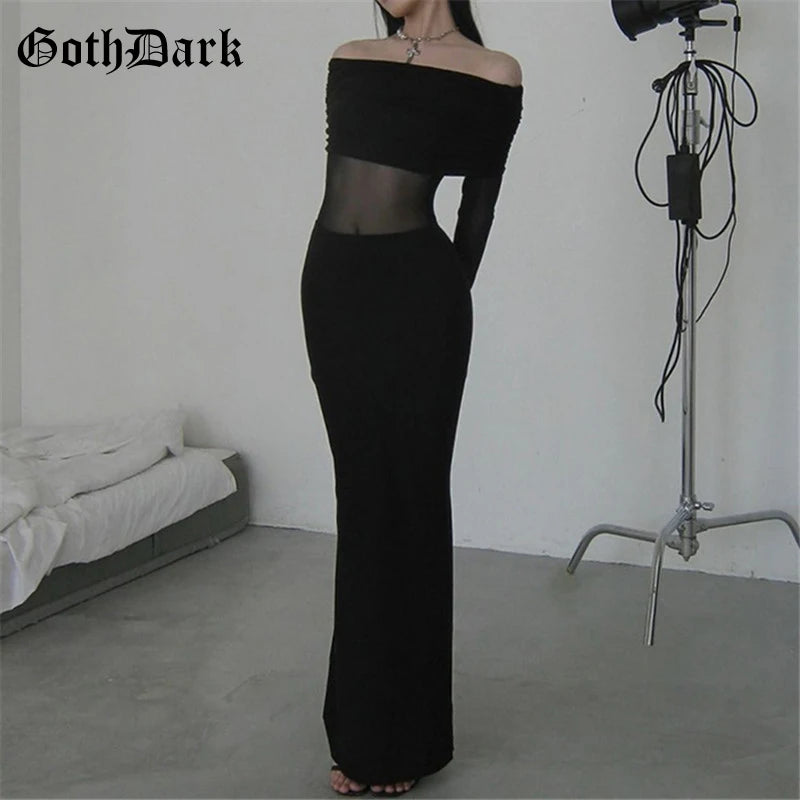 Goth Dark Black Party Gown – Sexy Mesh Patchwork Off Shoulder Maxi Dress, Y2K E-Girl Slim Bodycon Dress for Mall Goth Women