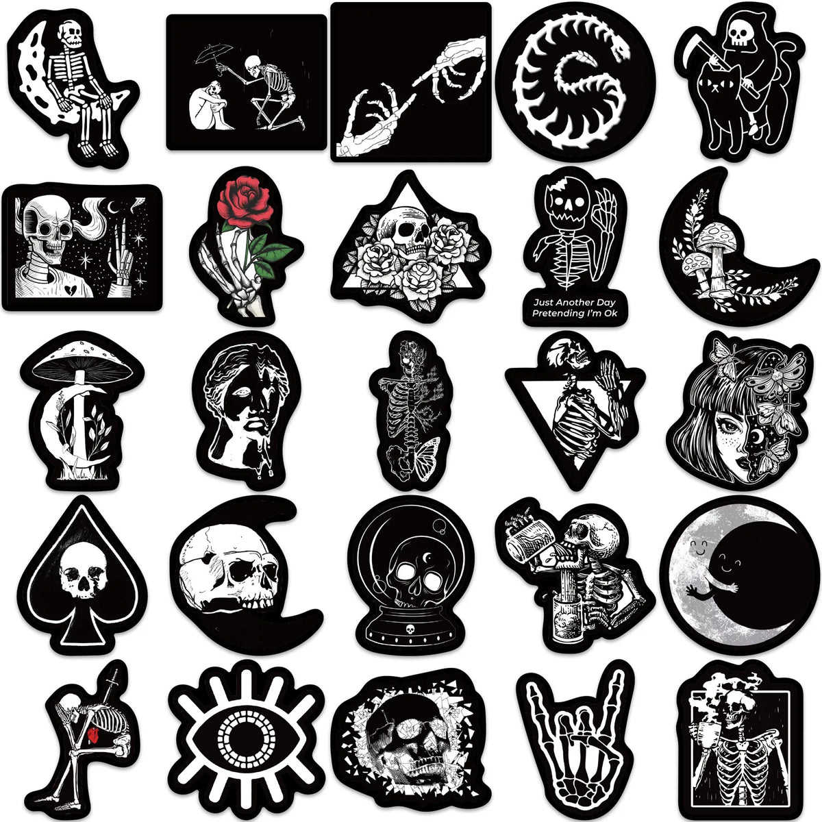 50PCS Black White Gothic Stickers Dark Goth Skull Stickers For Planners, Phones And More