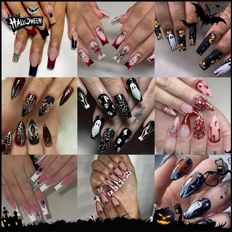 24Pcs Heavy Metal Halloween False Nails – Silver Spider Design, Handmade Full Cover, Wearable Black Almond Press-On Nails