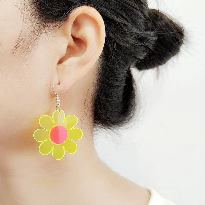 Cute Clear Neon Green Hot Pink Flower Drop Earrings for Women - Acrylic Jewelry Fashion Accessories by KUGUYS