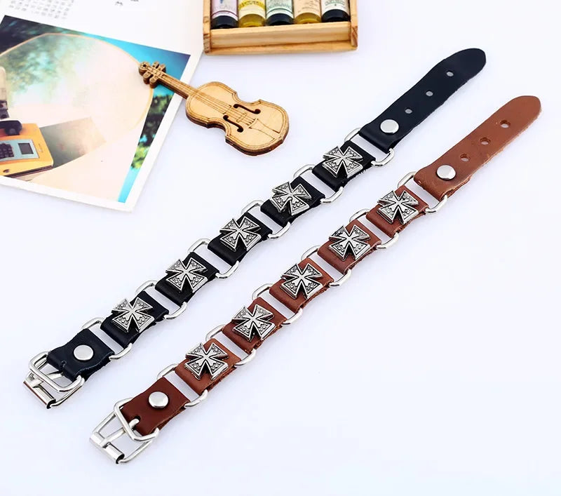 Retro Punk Men’s Leather Bracelet – Brown Cowhide Alloy Cross, Trendy Casual Unisex Snap Button Jewelry