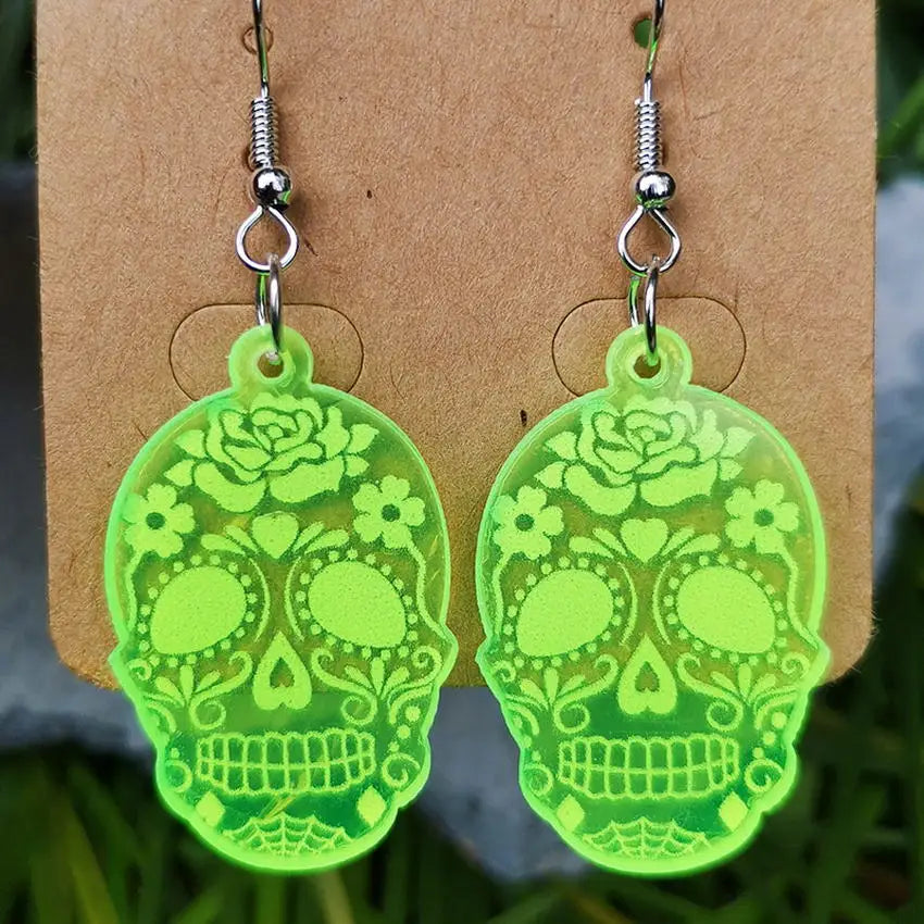 Neon Green Acrylic Halloween Horror Ghost Skull Earrings - New Jewelry for Women