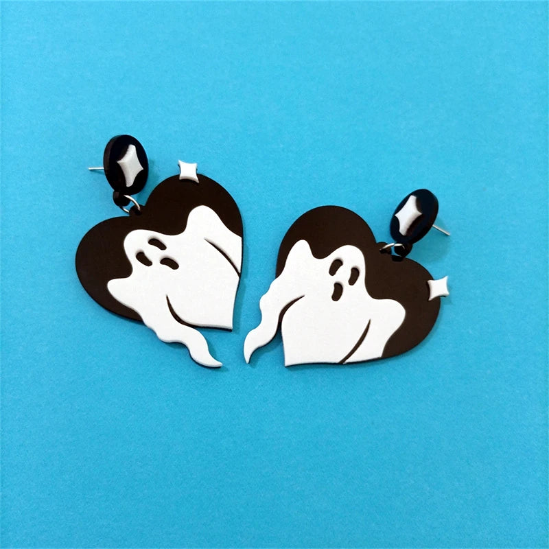 KUGUYS Ghost Heart Drop Earrings - Black and White Acrylic Halloween Jewelry Accessories for Women