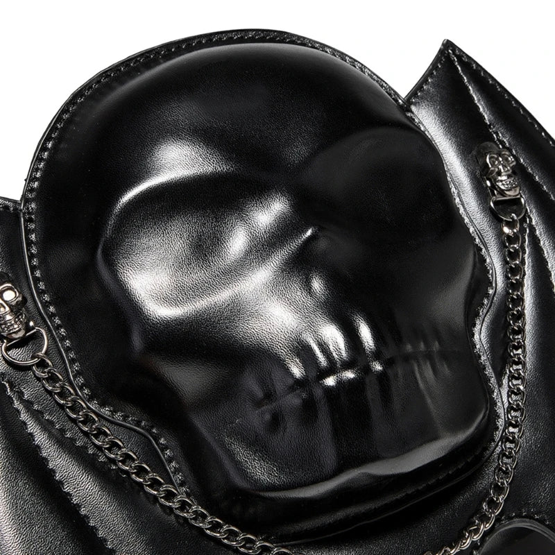 Gothic Punk Skull-Shaped Shoulder Bag – Women’s Halloween Purse with Chain, Black Bat Wing, Adjustable Crossbody Bag