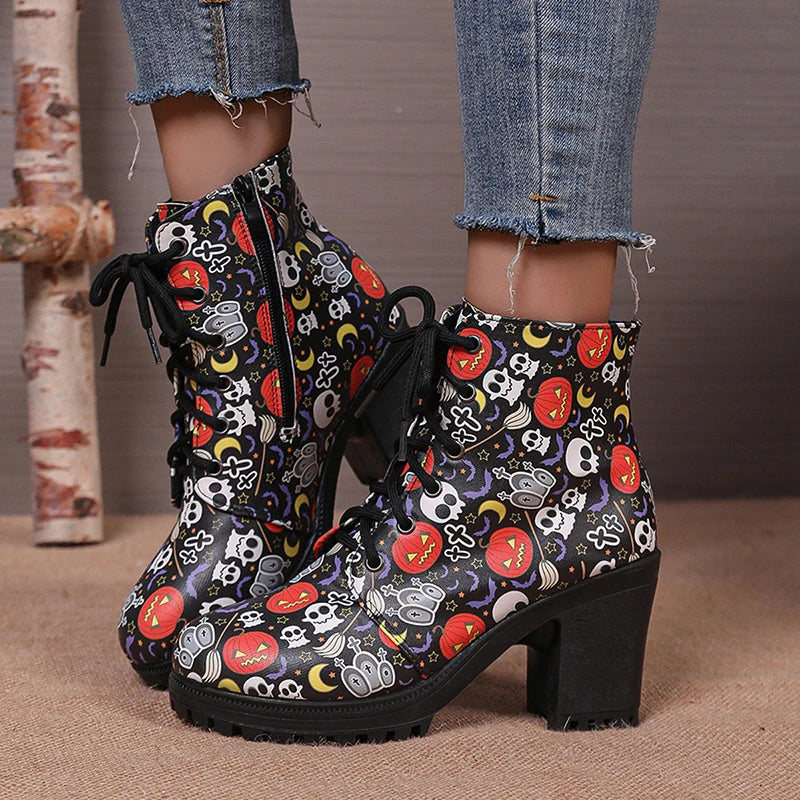 Halloween Pumpkins Print Platform Ankle Boots for Women – 2024 Autumn Side Zip High Heels, PU Leather Thick Heeled Booties